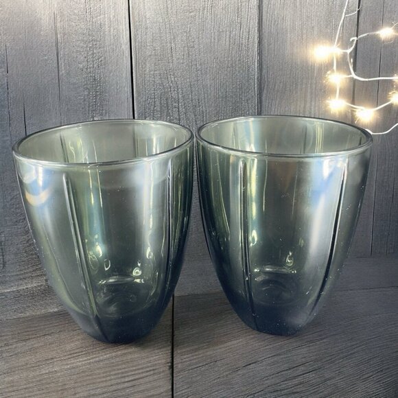 Noritake Glass ColorWave 12 Oz Tumbler Glasses Smokey Olive Black Cups Set 2 - Picture 1 of 9